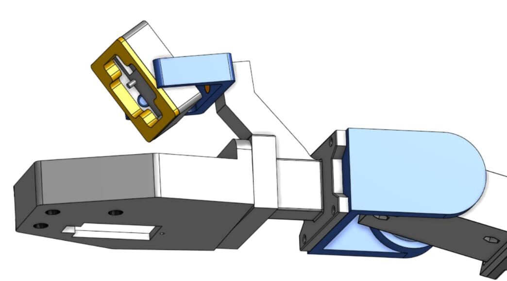 CAD render of the elbow-servo arm and modular gripper assembly